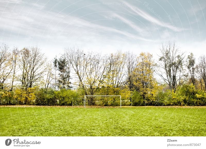 SPIEL R A U M Freizeit & Hobby Spielen Sportstätten Fußballplatz Fußballtor Natur Landschaft Himmel Herbst Schönes Wetter Sträucher Wiese natürlich blau grün