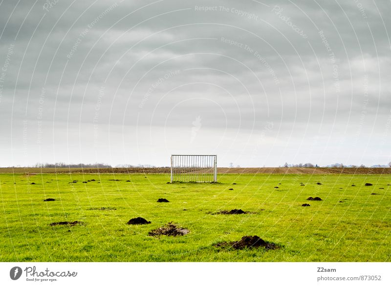 SPIEL R A U M Leben Freizeit & Hobby Sommer Sport Fußball Tor Sportstätten Fußballplatz Natur Landschaft Himmel Wolken Schönes Wetter Wiese natürlich trist blau