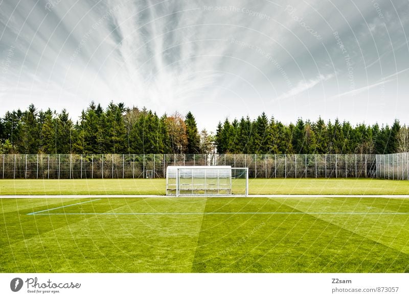 SPIEL R A U M Leben Freizeit & Hobby Ballsport Fußball Sportstätten Fußballplatz Landschaft Himmel Horizont Sommer Baum Sträucher Wiese natürlich trist blau