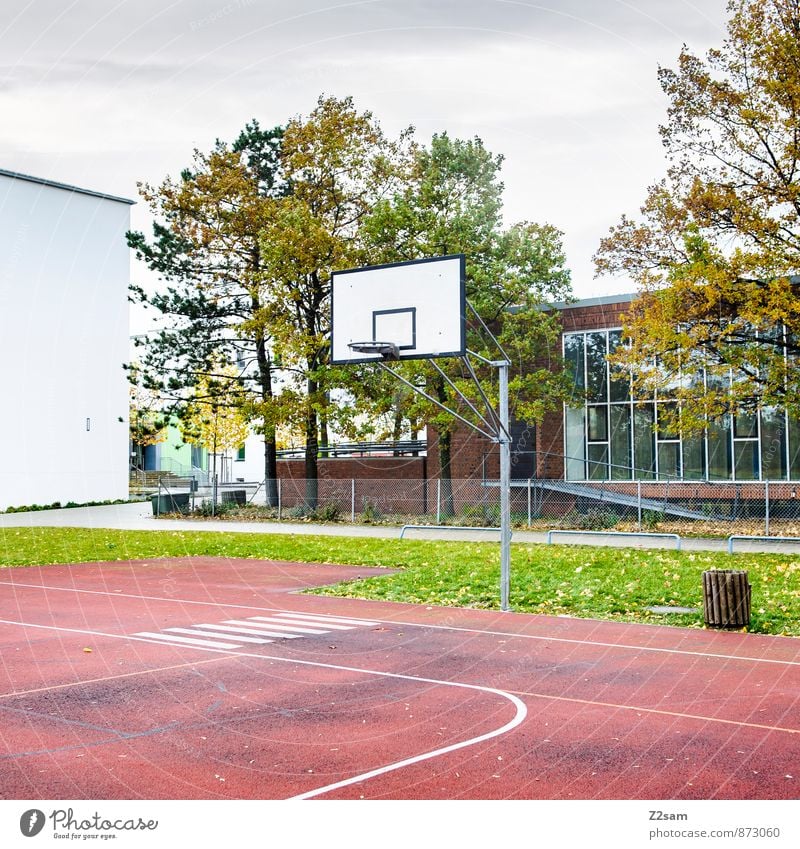 SPIEL R A U M Freizeit & Hobby Spielen Sportstätten Basketballplatz Basketballkorb Tartan Herbst Baum Gras Sträucher Wiese Stadt dreckig einfach kalt grün rot