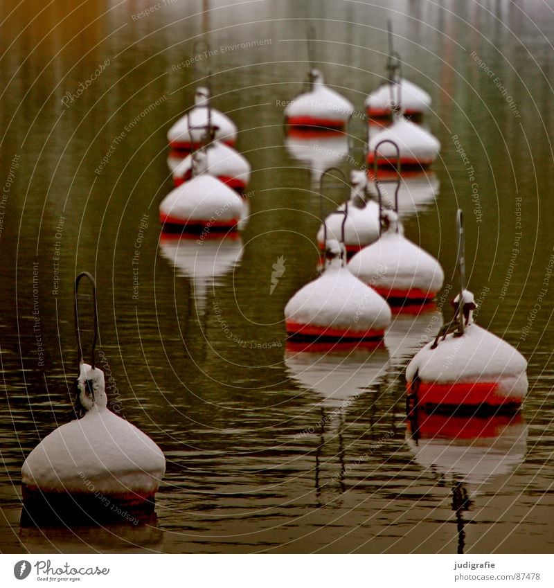 Bojen und Schnee See mehrere Schneehaube Meer rot Seezeichen ruhig Hafen viele Wasser 11 banal hafenbecken. ostsee