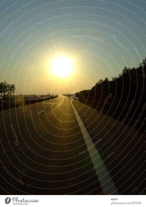 Der Sonne entgegen Autobahn Gegenlicht Sonnenuntergang Süden Asphalt Straßenbelag Zufahrtsstraße Planet Schnellstraße Fernstraße Ferne Ferien & Urlaub & Reisen