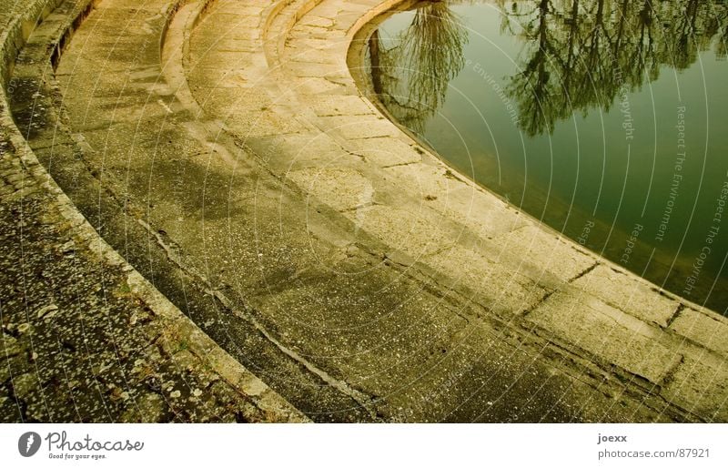 stufen in die tiefe Wasserstand abgelegen Baumkrone Einsamkeit Hoffnung Karriere Kieselsteine Am Rand verloren resignieren verfallen Detailaufnahme Amphitheater