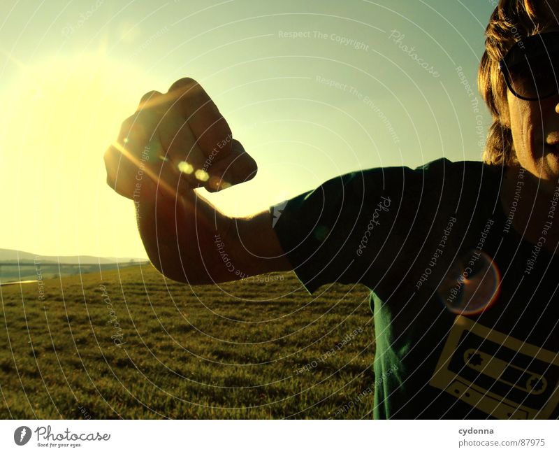 PUNCH Schlag erleuchten Wiese Gras grün Stil Sonnenuntergang Körperhaltung Halm Sonnenbrille Sonnenlicht Musikkassette Kick Chucks Froschperspektive Schlagkraft