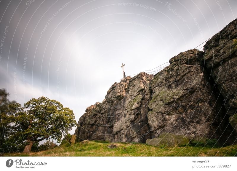 Heiter bis wolkig am Großen Gegenstein Landschaft Himmel Wolken Herbst schlechtes Wetter Wind Baum Gras Felsen Gipfel Harz Kreuz Gipfelkreuz dunkel braun grau