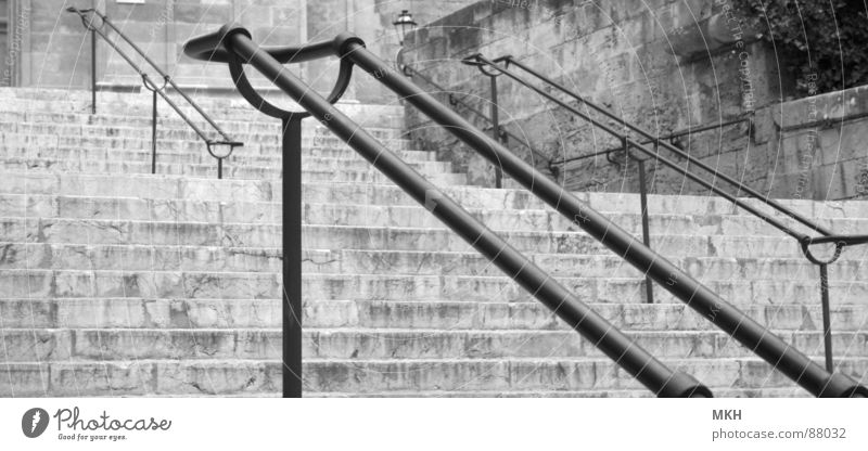 Aufstieg Sa Seu parallel schwarz Mauer Stahl Pflanze Grad Celsius gleichzeitig nebeneinander aufsteigen Verkehrswege Schwarzweißfoto Treppe Geländer Linie