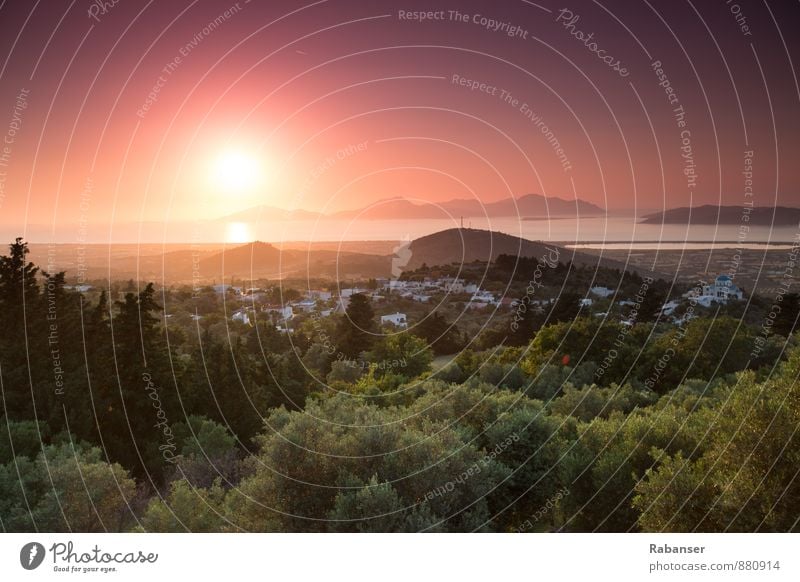 Sonnenuntergang in Griechenland Natur Landschaft Himmel Wolkenloser Himmel Horizont Sonnenaufgang Hügel Küste Seeufer Bucht ästhetisch authentisch grün orange