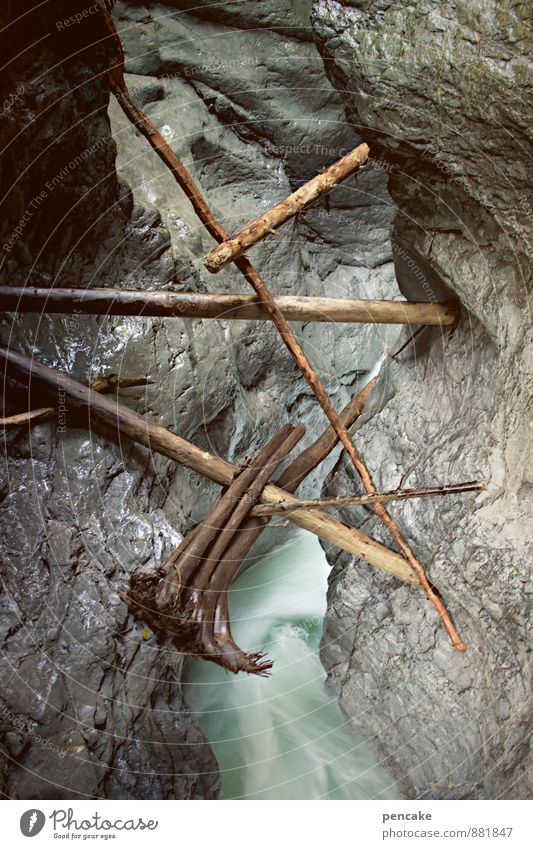 survival mikado Sport Klettern Bergsteigen Natur Landschaft Urelemente Wasser Klima Klimawandel Baum Felsen Alpen Schlucht Breitachklamm Zeichen authentisch