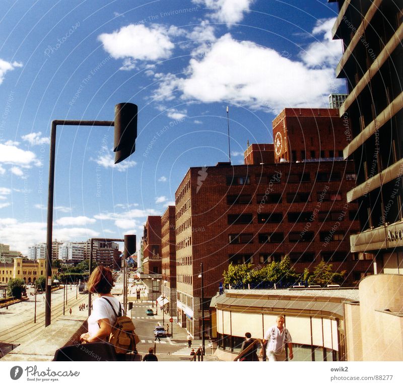 Sommertag in Oslo Ferien & Urlaub & Reisen Tourismus Ausflug Ferne Sightseeing Städtereise Sommerurlaub Ausland Haus Mensch Mann Erwachsene Rücken Himmel Wolken