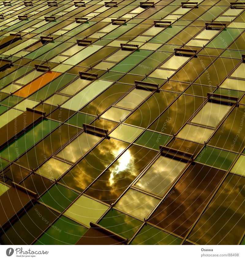 Schöner Wohnen 19 Gebäude Fassade Bürogebäude Fenster Hochhaus Raster Neubau Reflexion & Spiegelung Wolken grün braun modern Sonne Wetterschutz Architektur