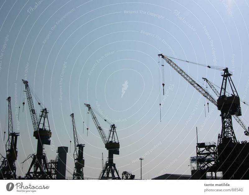 Hamburger Docklands Kran Silhouette schwarz Hafen Schatten Himmel blau