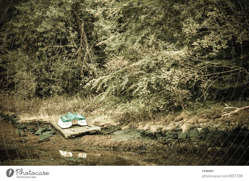 anlegestelle Natur Küste Seeufer Flussufer Bootsfahrt Fischerboot Beiboot Ruderboot grün Wald Waldrand Anlegestelle Menschenleer Einsamkeit Farbfoto