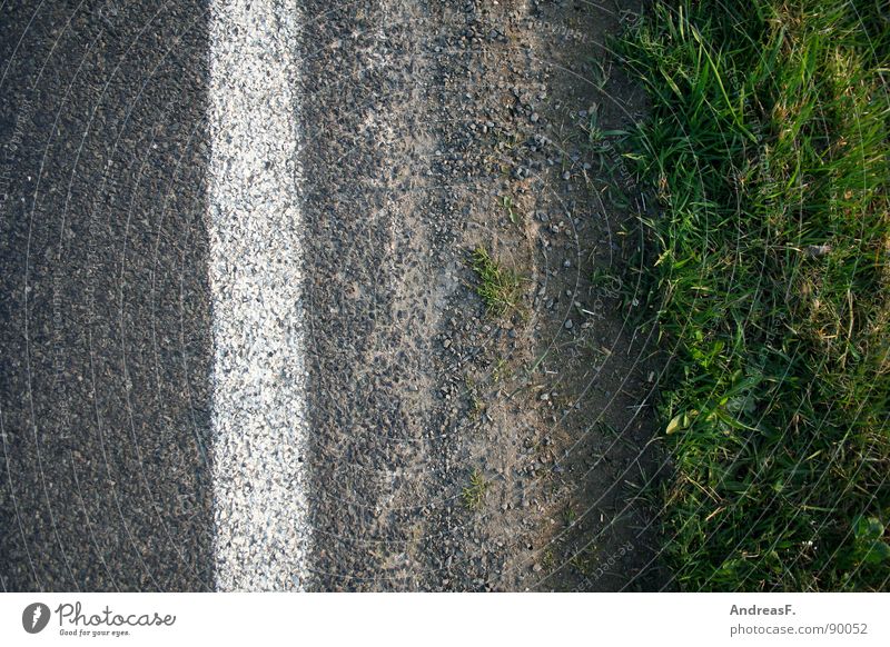 Streetart Fahrbahn Straßenrand Asphalt grau Fahrbahnmarkierung Seitenstreifen Wassergraben Gras Verkehrswege Erde Sand Schilder & Markierungen grünstreifen