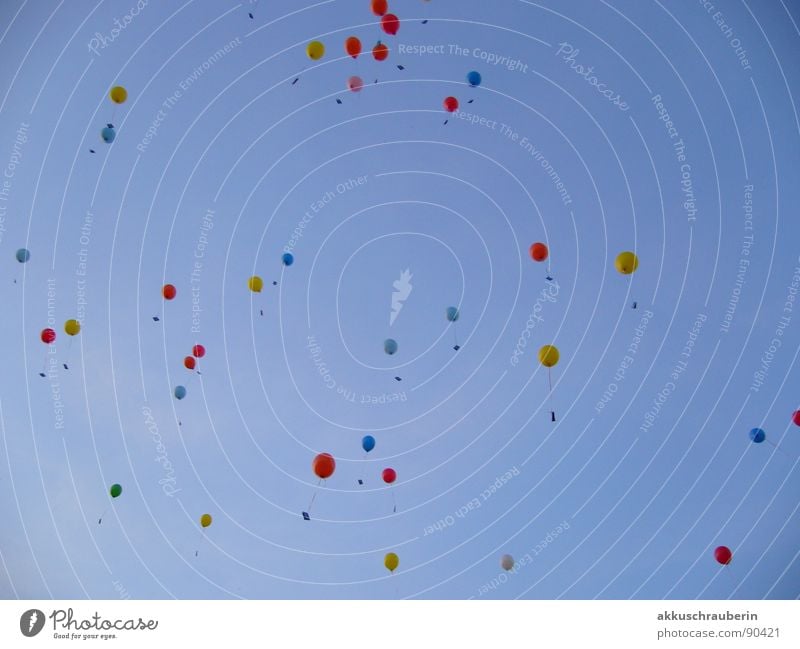 Bunte Luftballons am Himmel mehrfarbig Frühling Frieden obskur fliegen fliegen lassen Postkarte Freiheit blau Freude Leben hoch