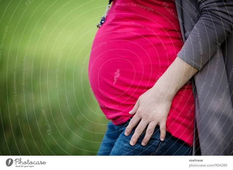 33. SSW Mensch Frau Erwachsene Eltern Mutter Hand Ungeborenes Baby 1 30-45 Jahre Natur Garten Park berühren entdecken Wachstum Zusammensein Glück blau braun