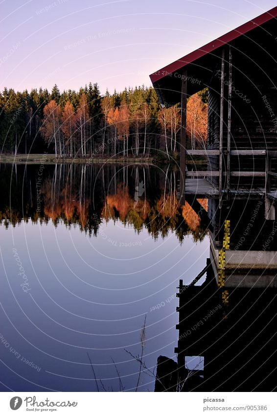 Seehaus, Fichtelsee bei herbstlichem Sonnenuntergang Natur Landschaft Pflanze Tier Erde Wasser Himmel Wolkenloser Himmel Horizont Sonnenaufgang Herbst