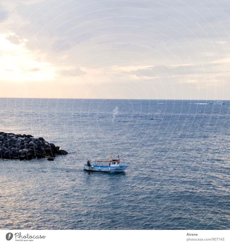 spät dran Beruf Fischerboot Himmel Sonnenaufgang Sonnenuntergang Küste Meer Mittelmeer Schifffahrt Bootsfahrt Hafen fahren fangen Ferien & Urlaub & Reisen