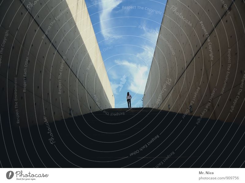 komm runter bleib oben feminin Frau Erwachsene 1 Mensch Himmel Schönes Wetter Bauwerk Gebäude Architektur Mauer Wand Treppe Sehenswürdigkeit Zufriedenheit