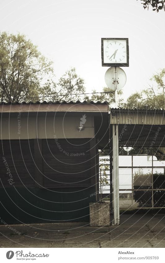 Nachsaison Baum Unterstand Halle Kiosk Würstchenbude Carport Bahnhofsuhr Satellitenantenne Träger Müllbehälter alt authentisch kalt retro trist braun grau