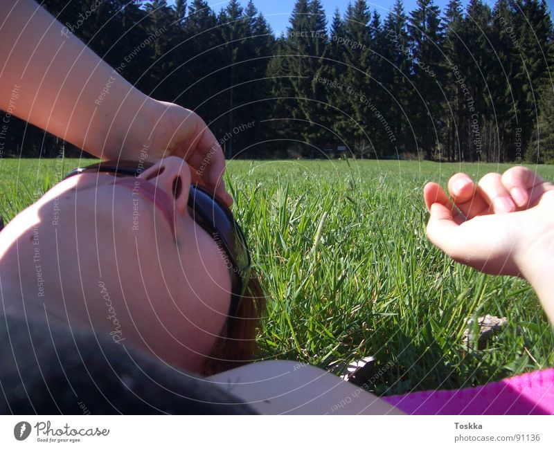 Es ist Frühling... Picknick Frau Wald Baum grün Erholung rosa schwarz Wiese Feld Gras Sonnenbrille Blume Halm träumen Ferien & Urlaub & Reisen beweglich Pause