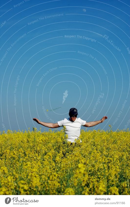 wer fliegt... Mann Kerl springen hüpfen singen Raps gelb Blume Landwirtschaft Feld Höchberg Würzburg T-Shirt Sommer Hose Wolken toben Freizeit & Hobby üben dumm