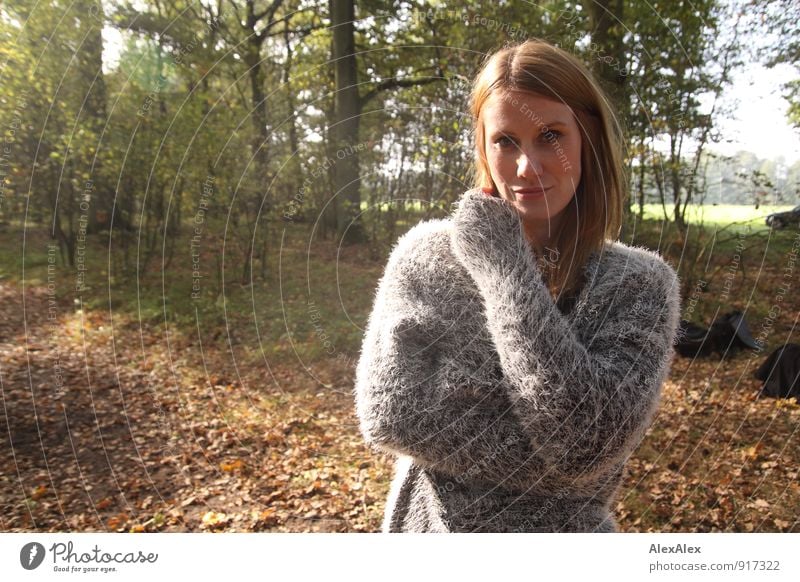 Junge Frau in grauem Pullover steht im Wald auf einer Lichtung Ausflug Jugendliche 18-30 Jahre Erwachsene Natur Landschaft Schönes Wetter Pflanze Baum Sträucher