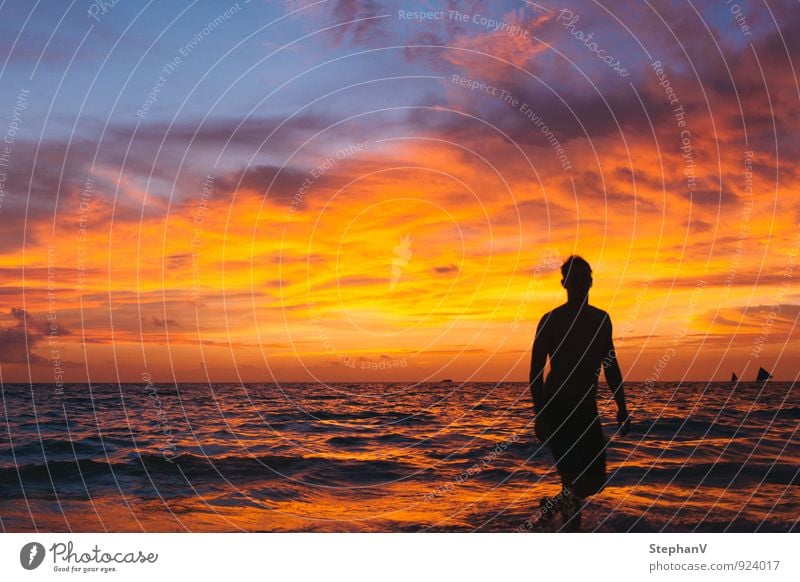 Silhouette im Sonnenuntergang Wasser Himmel Wolken Sonnenaufgang Sommer Wellen Strand Meer Lebensfreude Leichtigkeit Freude Sport Farbfoto Außenaufnahme