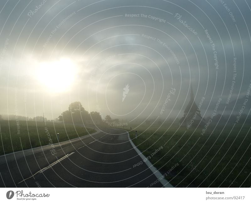 Morgendämmerung Wolken Autobahn Straße Nebel Baum Verkehrswege Sonne Seil Roadtrip Östereich