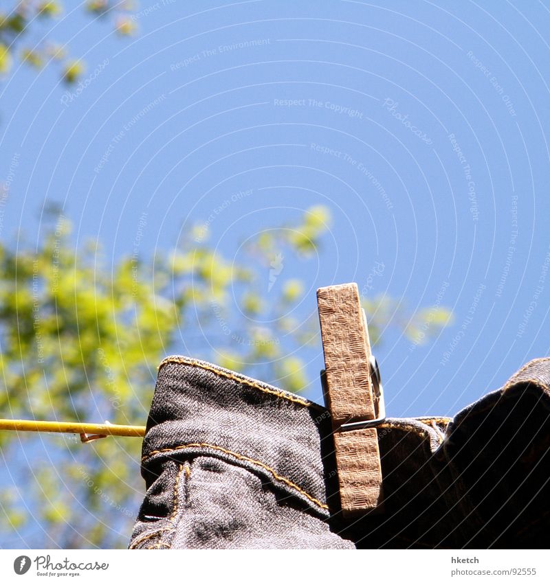 Jeans On Wäsche Wäscheleine Wäscheklammern Strukturen & Formen trocknen Hinterhof Frühling Sommer gewaschen Haushalt Bekleidung Jeanshose Bauernhof