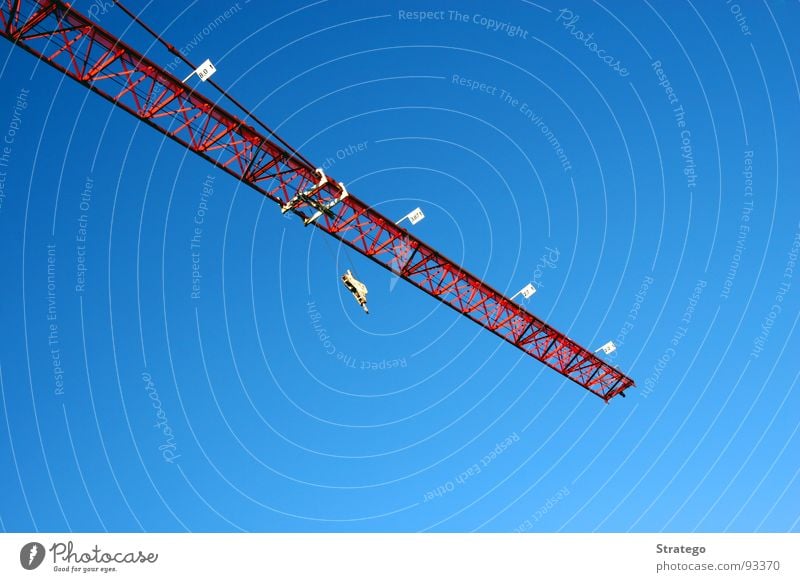 Kraaan Kran rot Stab lang dünn Arbeit & Erwerbstätigkeit Baustelle Haken Luft gefährlich Vorderseite Industrie blau Himmel Arme bauen Niveau Schönes Wetter