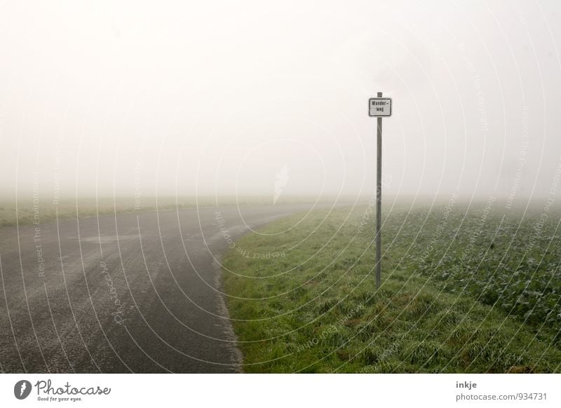 auf gehts! | 1900 Umwelt Landschaft Luft Horizont Herbst Klima Klimawandel Wetter schlechtes Wetter Nebel Feld Fußweg Straßenrand Verkehr Wege & Pfade Zeichen