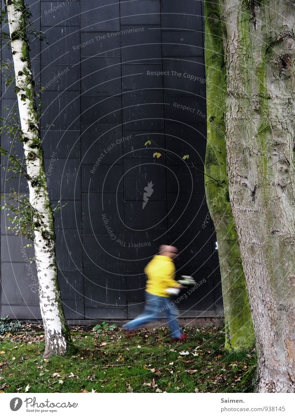 der Läufer Mensch Mann Erwachsene Körper 1 18-30 Jahre Jugendliche Mauer Wand Fassade laufen Gefühle Blume Blumenstrauß rennen Bewegung Baumstamm Gras Eile