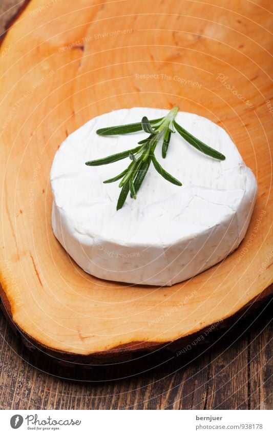 Camembert Lebensmittel Kräuter & Gewürze Bioprodukte Vegetarische Ernährung Essen Billig rein Käse Weißschimmelkäse Holztisch Schneidebrett Rosmarin weiß roh