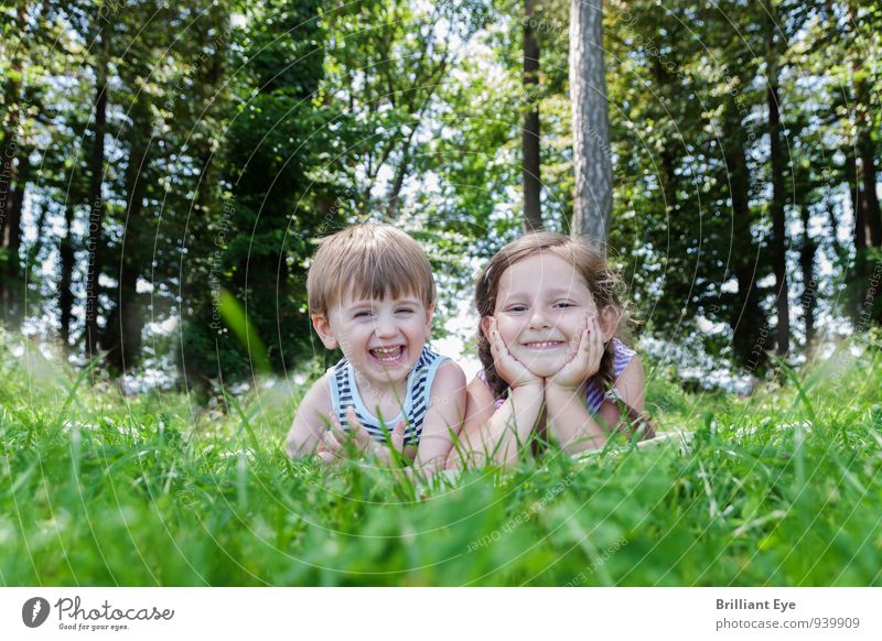 Glückliche Kinder liegen im hohen Gras Freude Ausflug Sommer Baum Wiese Wald Lächeln lachen leuchten frei Fröhlichkeit Gesundheit Stimmung Lebensfreude