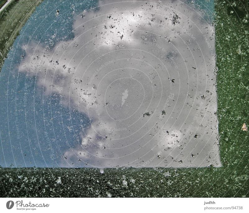 Regentonnenwasserwolke Wolken Spiegel Oberfläche grün weiß Dach Haus Fass Rechteck Pfütze Frankreich Himmel Wasser Sommer Reflektion Glätte blau Schatten Kreis