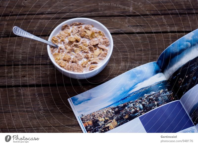 Snack Lebensmittel Ernährung Frühstück Milch Schalen & Schüsseln Löffel lecker süß Cornflakes Zeitschrift Fotobuch Fotografie Buch Holztisch Farbfoto