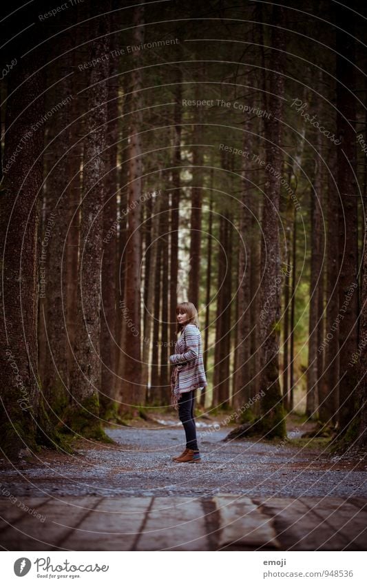 hier steh ich. feminin Junge Frau Jugendliche 1 Mensch 18-30 Jahre Erwachsene Umwelt Natur Baum Wald dunkel natürlich einzeln Einsamkeit Farbfoto Außenaufnahme