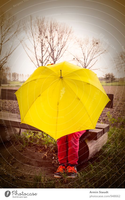 November Lifestyle Ausflug Mensch maskulin Beine 1 Natur Landschaft Himmel Herbst Winter schlechtes Wetter Regen Baum Bank Parkbank Regenschirm sitzen dunkel