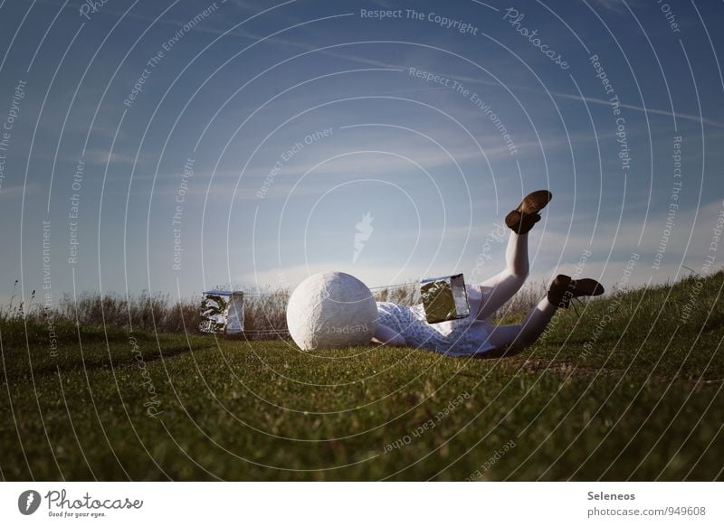 Crash Mensch feminin Frau Erwachsene 1 Himmel Horizont Gras Wiese Luftverkehr Schmerz Zufriedenheit fallen Sturz Sturzflug Satellit Farbfoto Außenaufnahme