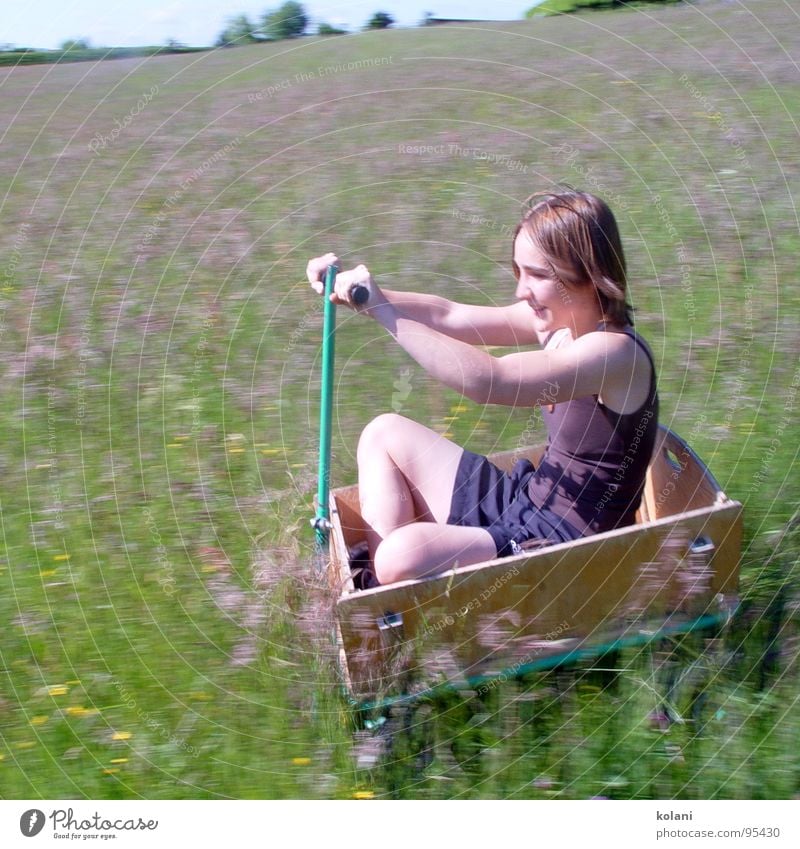 Spazierfahrt Handwagen Sommer Blumenwiese fahren Schneidersitz Geschwindigkeit Berghang Physik abwärts Blühend Wärme