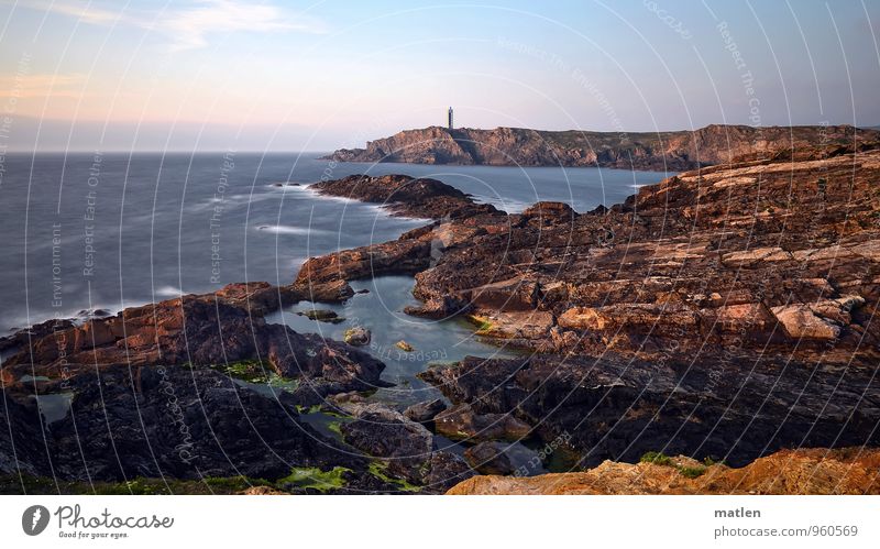 lighthouse Natur Landschaft Himmel Wolken Horizont Sonnenaufgang Sonnenuntergang Wetter Schönes Wetter Felsen Wellen Küste Riff Meer Leuchtturm blau braun