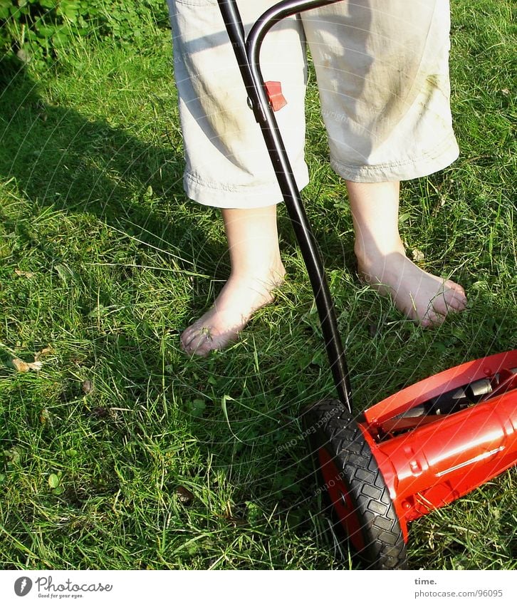 Gleich geht's hier rund Schatten Dienstleistungsgewerbe Junge Fuß Wiese Hose grün rot Rasenmäher Fleck rasenmähen