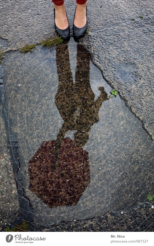 kalte füße bekommen Lifestyle feminin Fuß 1 Mensch Wasser Wetter Regen Schuhe nass Pfütze Regenschirm Asphalt stehen warten Jahreszeiten Bürgersteig einzigartig