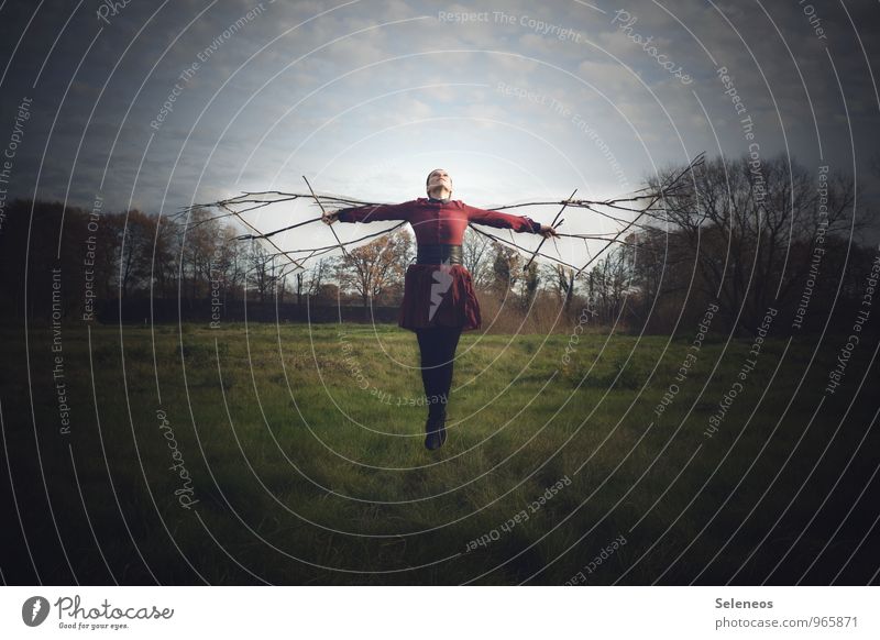 hoch hinaus Ausflug Abenteuer Ferne Freiheit Mensch feminin Frau Erwachsene 1 Umwelt Natur Landschaft Himmel Wolken Wiese Feld Luftverkehr Kleid fliegen