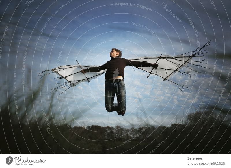 Eintagsfliege Ausflug Abenteuer Ferne Freiheit Mensch maskulin Mann Erwachsene 1 Umwelt Natur Landschaft Himmel Wolken Gras Wiese fliegen frei Sehnsucht Fernweh