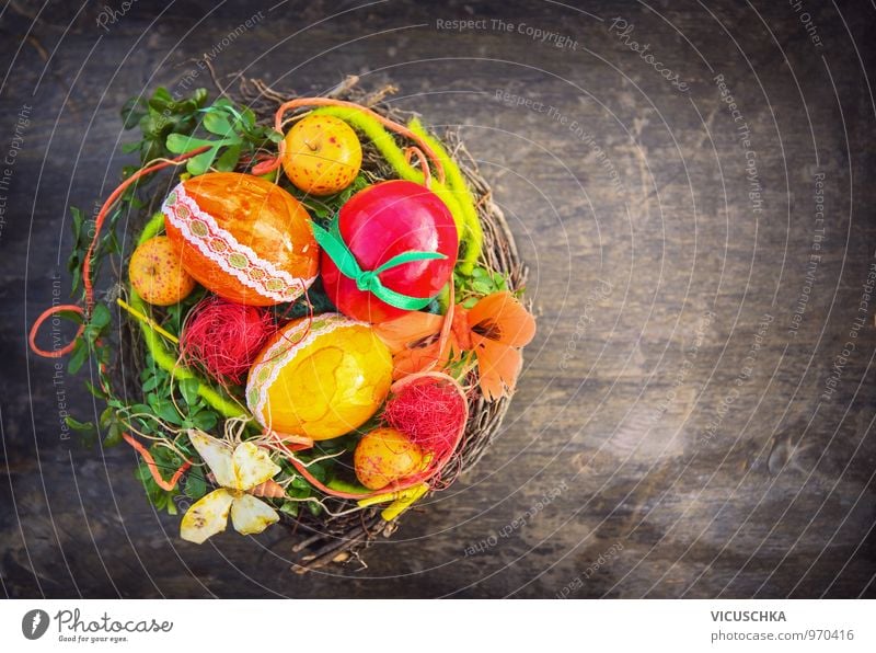 bunte Ostereier mit Schleife in Vogelnest Lebensmittel Lifestyle Stil Design Freizeit & Hobby Dekoration & Verzierung Ostern Holz Eierschale Osternest