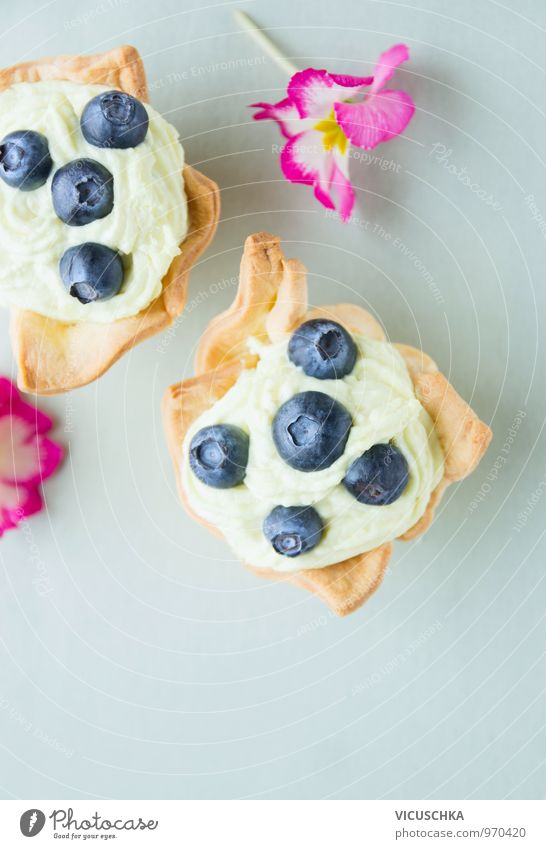 Blaubeeren Kuchen auf blauem Tisch Lebensmittel Käse Joghurt Frucht Teigwaren Backwaren Dessert Süßwaren Ernährung Frühstück Stil süß Cupcake Tart cremig Blume