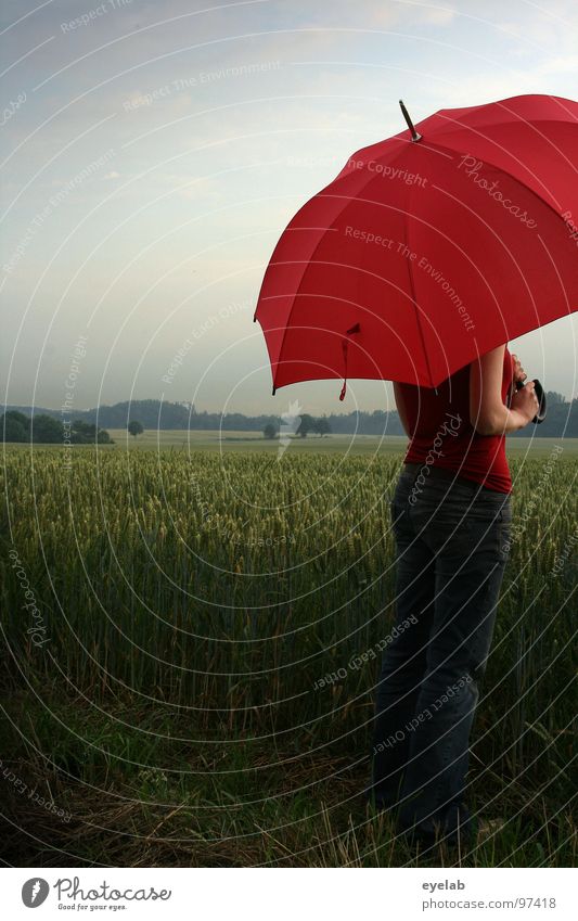 Soll gedeihen Korn und Wein, muß im Juni Regen sein. Feld Sonnenschirm Regenschirm rot grün Frühling Sommer stehen genießen Landleben Romantik lieblich Frau