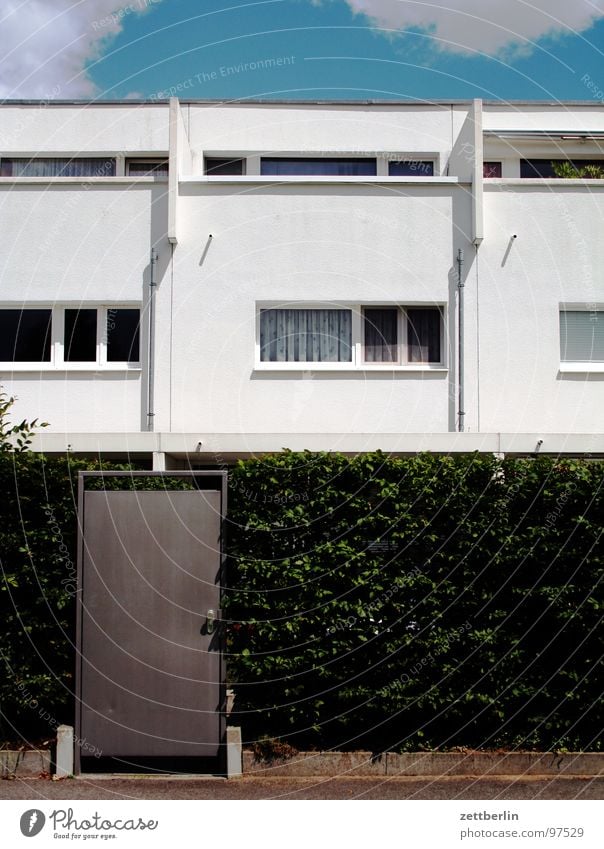 Traumhaus Haus Einfamilienhaus Neubau Mieter Vermieter Hecke Fassade Eingang Eingangstür Zugang geschlossen abweisend Sommer Physik heiß Reihenhaus Vorstadt