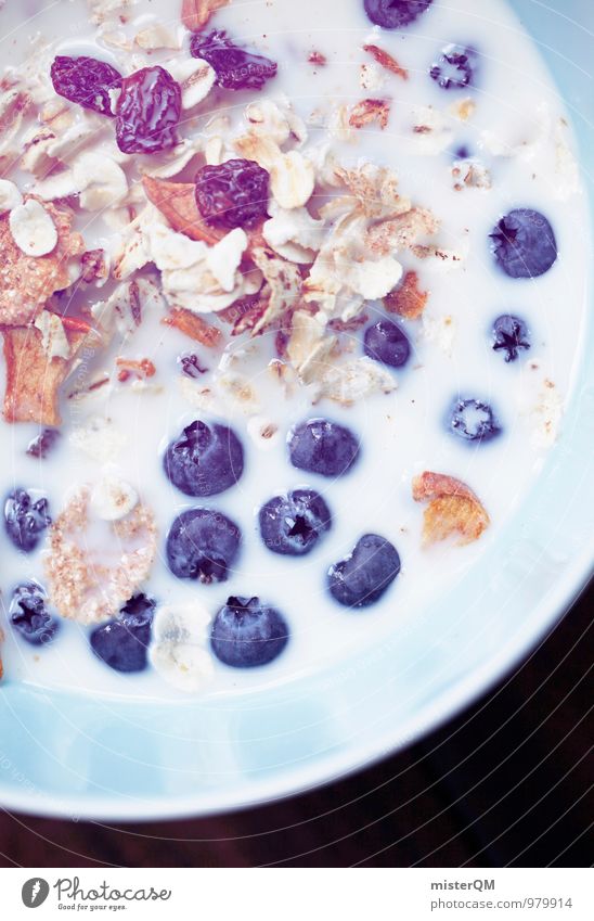 Good Morning! Lebensmittel Milcherzeugnisse ästhetisch Zufriedenheit Blaubeeren blau Müsli Frühstück Frühstückstisch Frühstückspause Gesunde Ernährung lecker